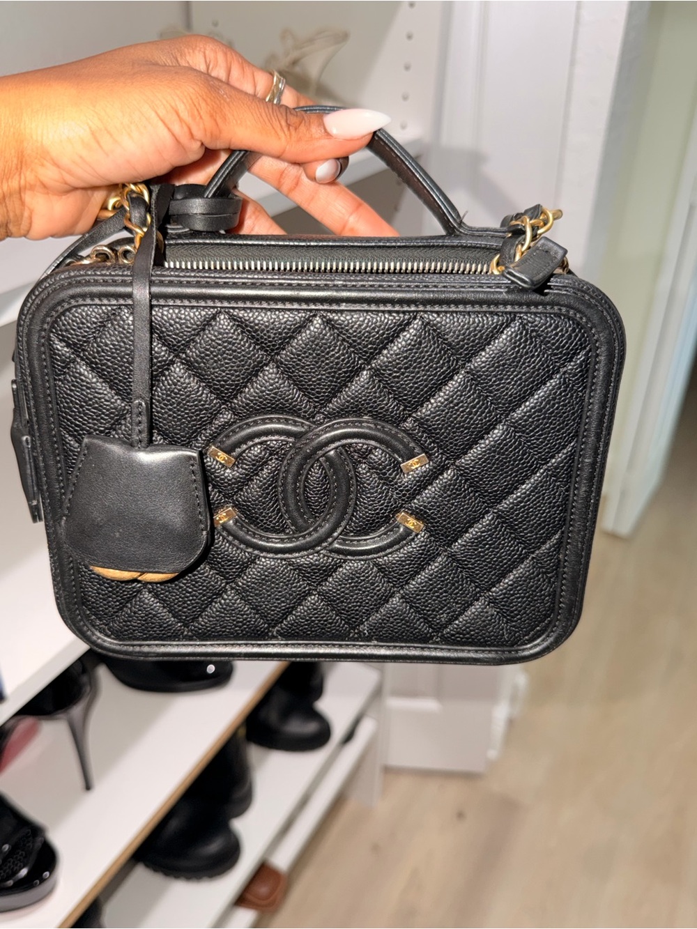CHANEL Black Quilted Vanity-Style Top Handle Bag